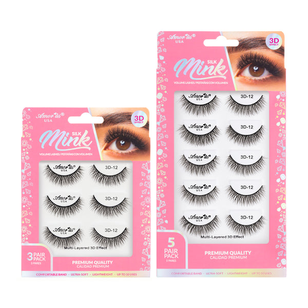 Amorus 3D Silk Mink Lashes Pack #12 Natural-Look Volume Comfortable Flexible Long-Wear Amour Us