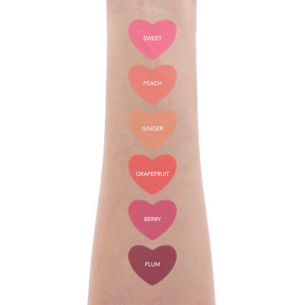 Amorus Sweet Blush Set Heart Shaped Stick Blush Color range for every skin tone Easy to blend High payoff Matte creamy formula Arm Swatches Amor Us