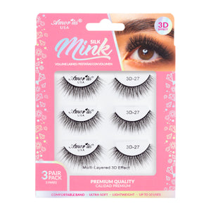 Amorus 3D Silk Mink Lashes Pack #27 Natural-Look Volume Comfortable Flexible Long-Wear Amour Us