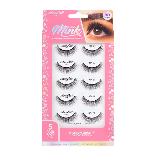 Amorus 3D Silk Mink Lashes Pack #27 Natural-Look Volume Comfortable Flexible Long-Wear Amour Us