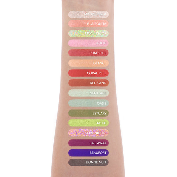 Amorus USA Pearl Paradise 32 Shade Pressed Pigment Palette Rich Vivid Matte Creamy Duo Chrome Multidimensional Glitter&Foil High Color Payoff Silky Smooth Cruelty-Free Amor us PearlParadise Arm Swatch